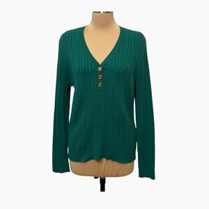 Chaps Classics Cable Knit Sweater Womens XL Quarter Button Green Cotton Pullover